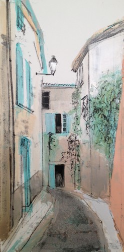 Tracy Levine.Streets of Paziols 2. Monoprint and mixed media. 39cm x 19cm.2012.