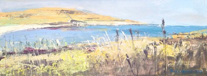 Tracy Levine. Brighouse Bay. Acrylic and mixed media on panel.15cm x 40cm