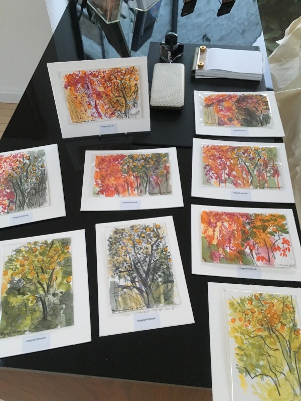 A selection of postcard size mini paintings of The Orange Tree of Molineta